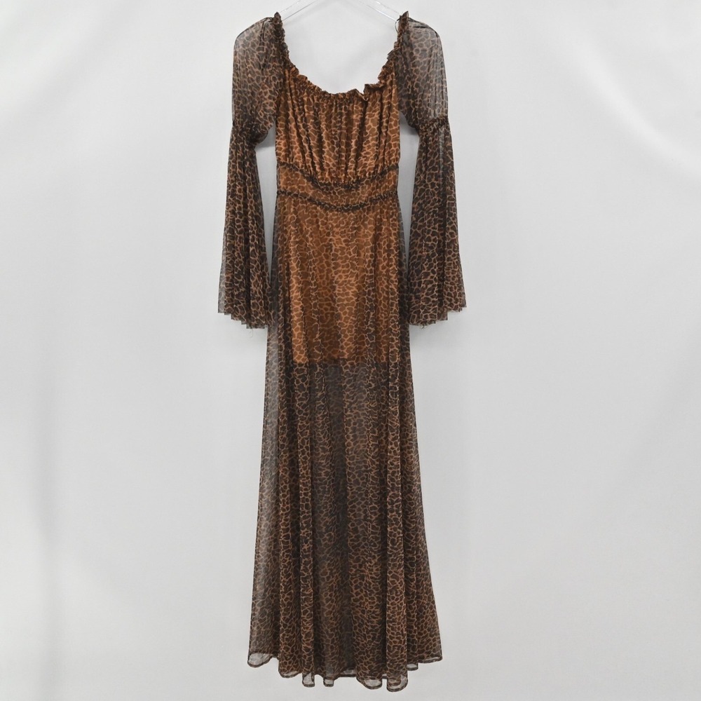 House of House of Chic Mesh Maxi Dress Womens Size S Brown Bell Sleeve Leopard - Picture 3 of 15